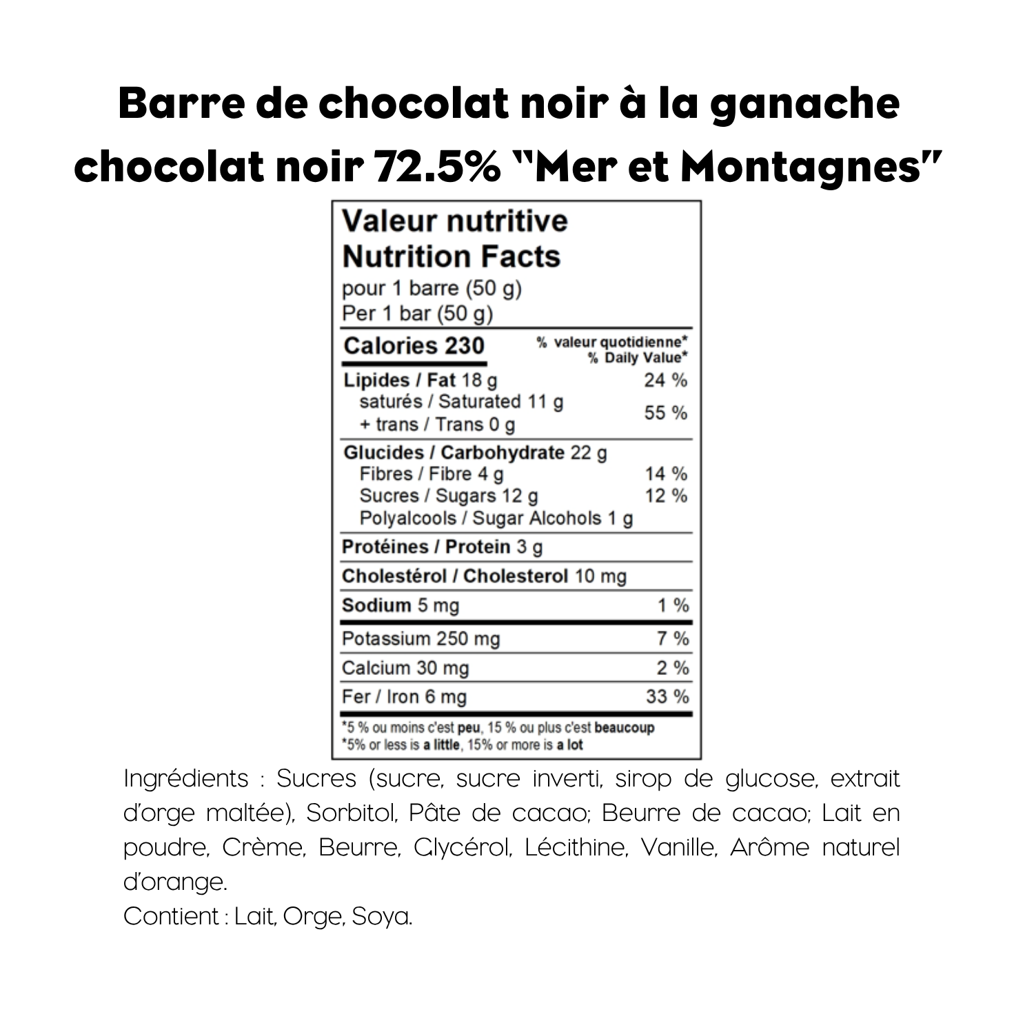 Barre ganache au chocolat noir 72,5 %