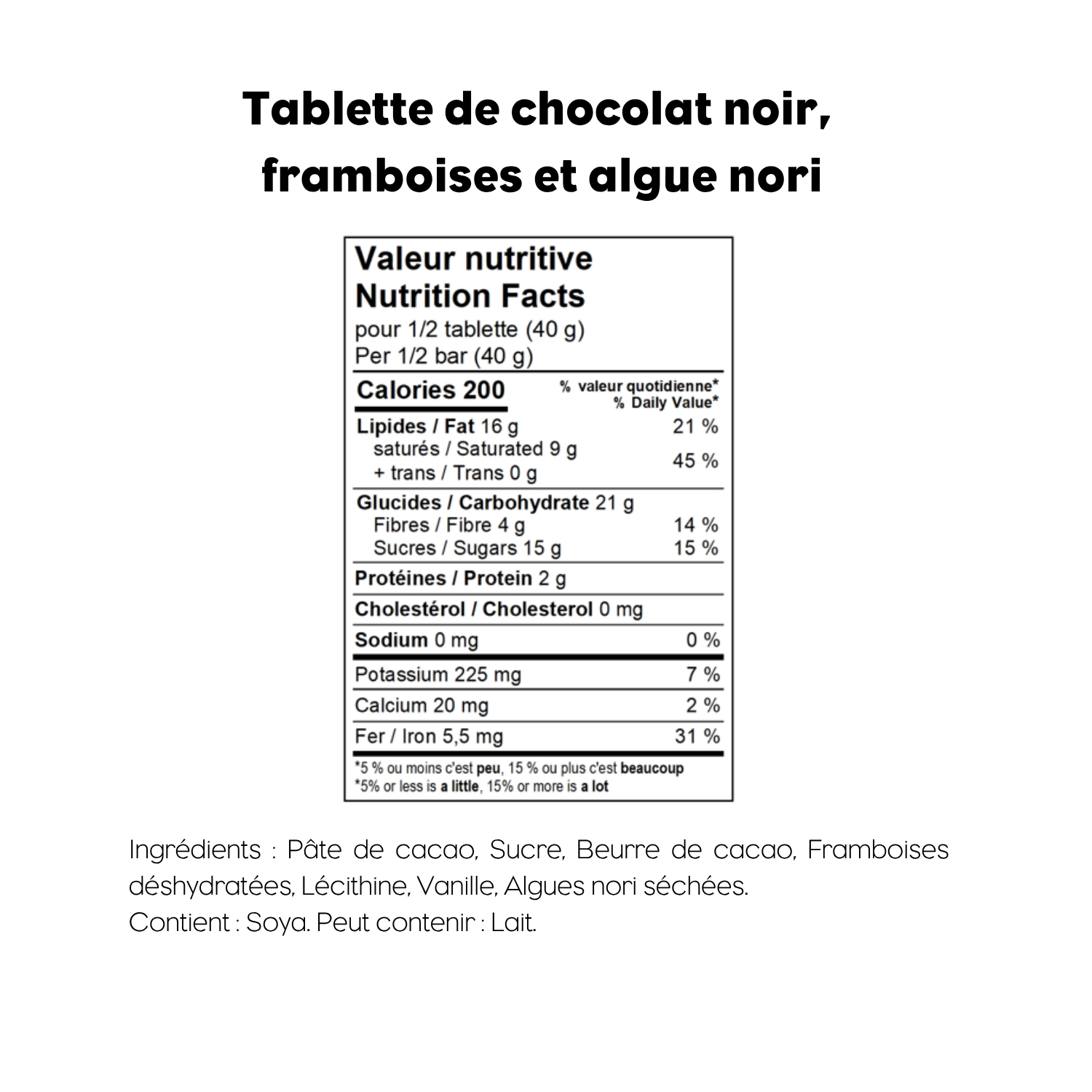 Tablette chocolat noir, framboises et algues nori