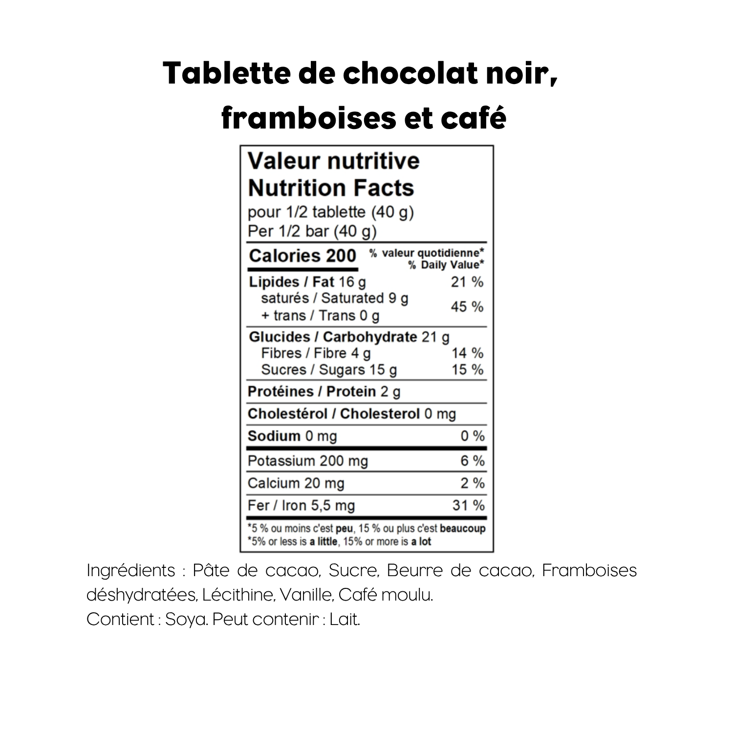 Tablette chocolat noir, framboises et café