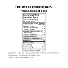 Tablette chocolat noir, framboises et café