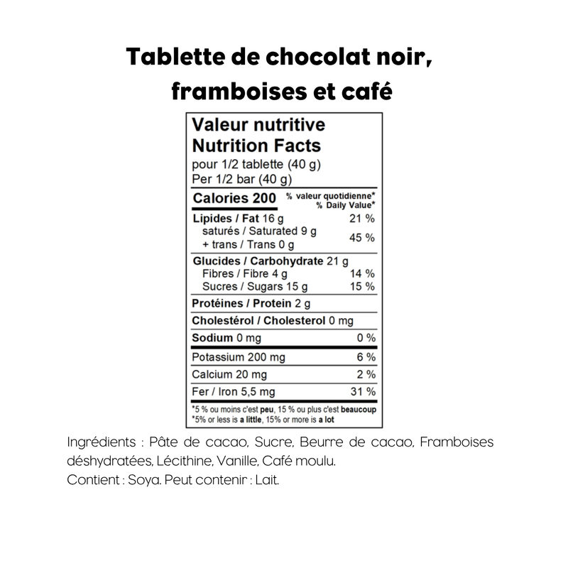 Tablette chocolat noir, framboises et café
