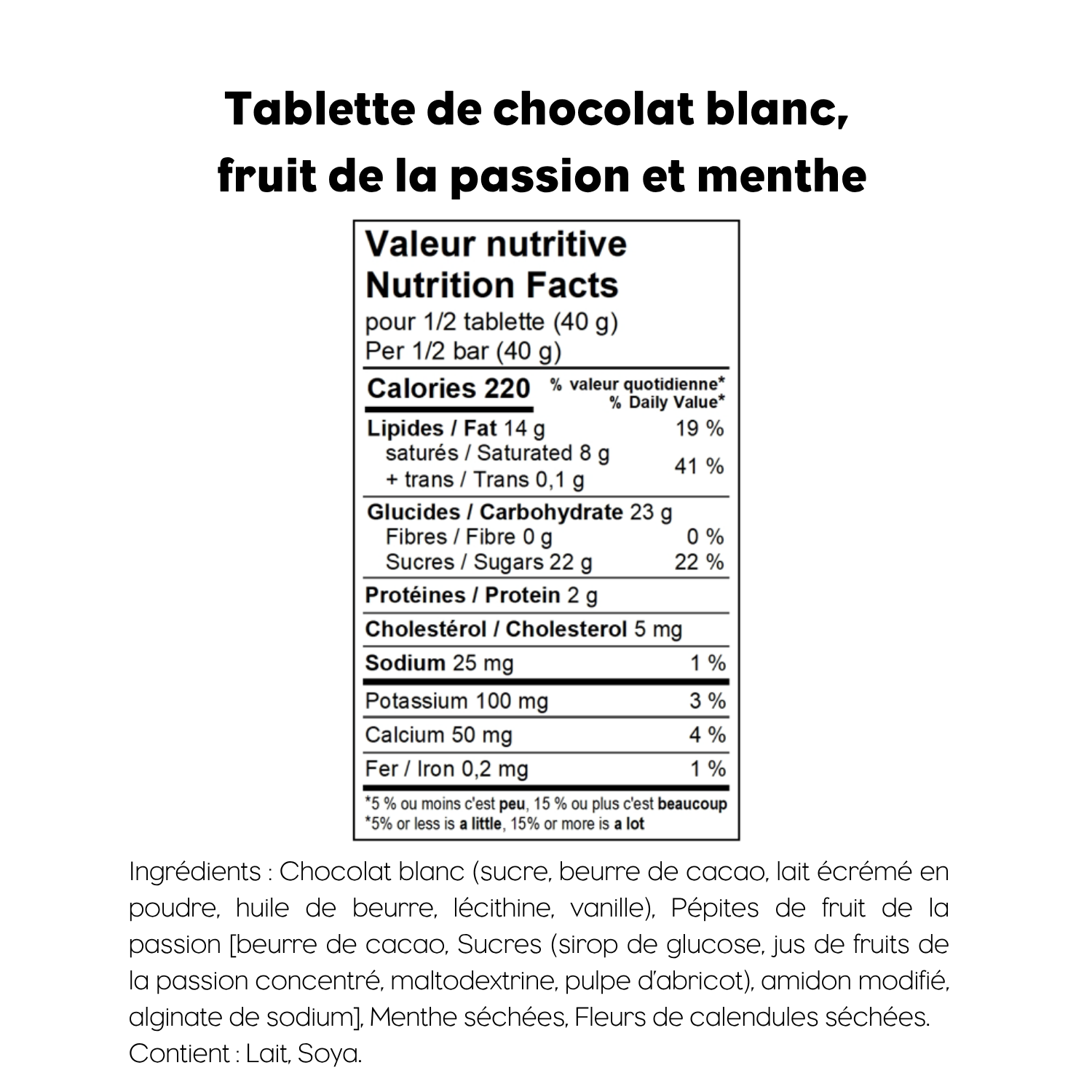 Tablette chocolat blanc, fruit de la passion et menthe sauvage